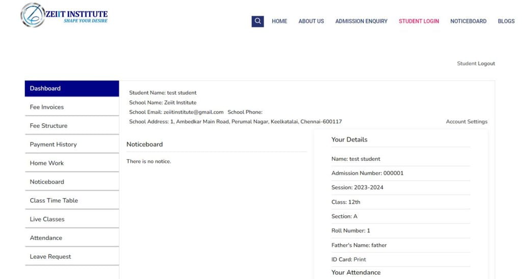 Zeiit institute online class student dashboard